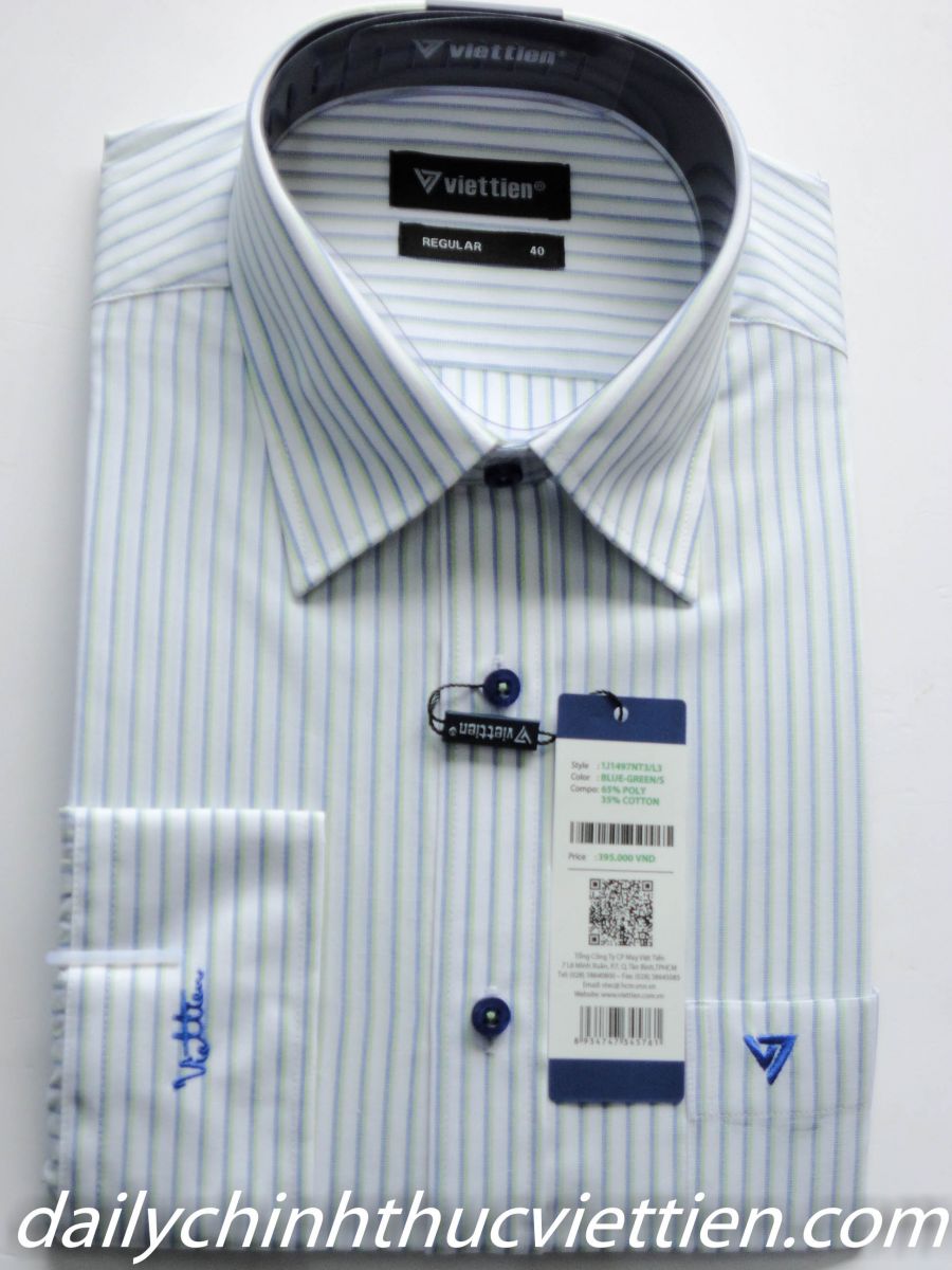 Áo dài sơ mi dài sọc xanh - xanh lá